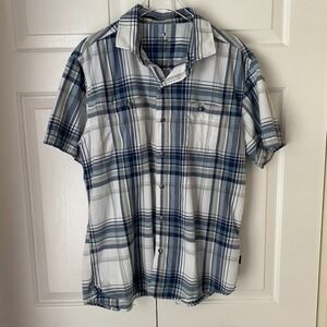 Kuhl Men's Size L Tapered Fit Short Sleeve Plaid Shirt Collared Gray Blue Pocket